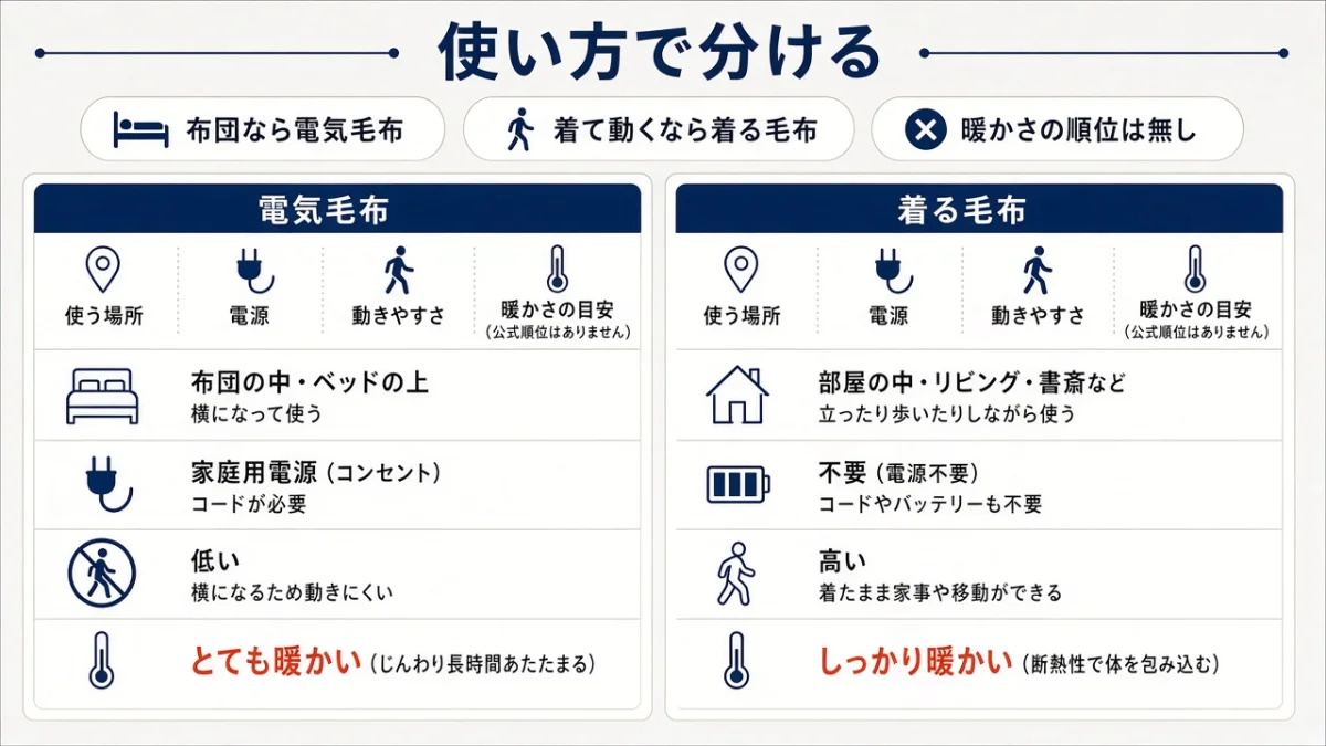 電気毛布と着る毛布は、使う場所と動けるかが違う