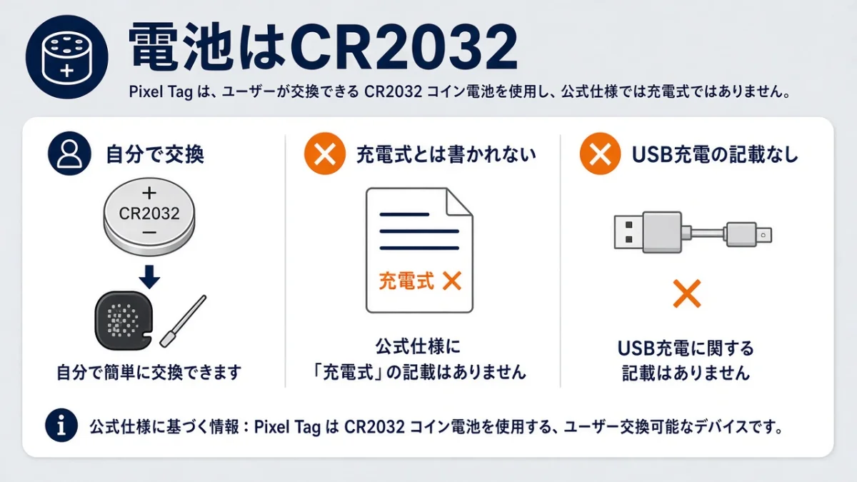 Pixel Tagは充電式?使う電池はCR2032で、自分で交換する