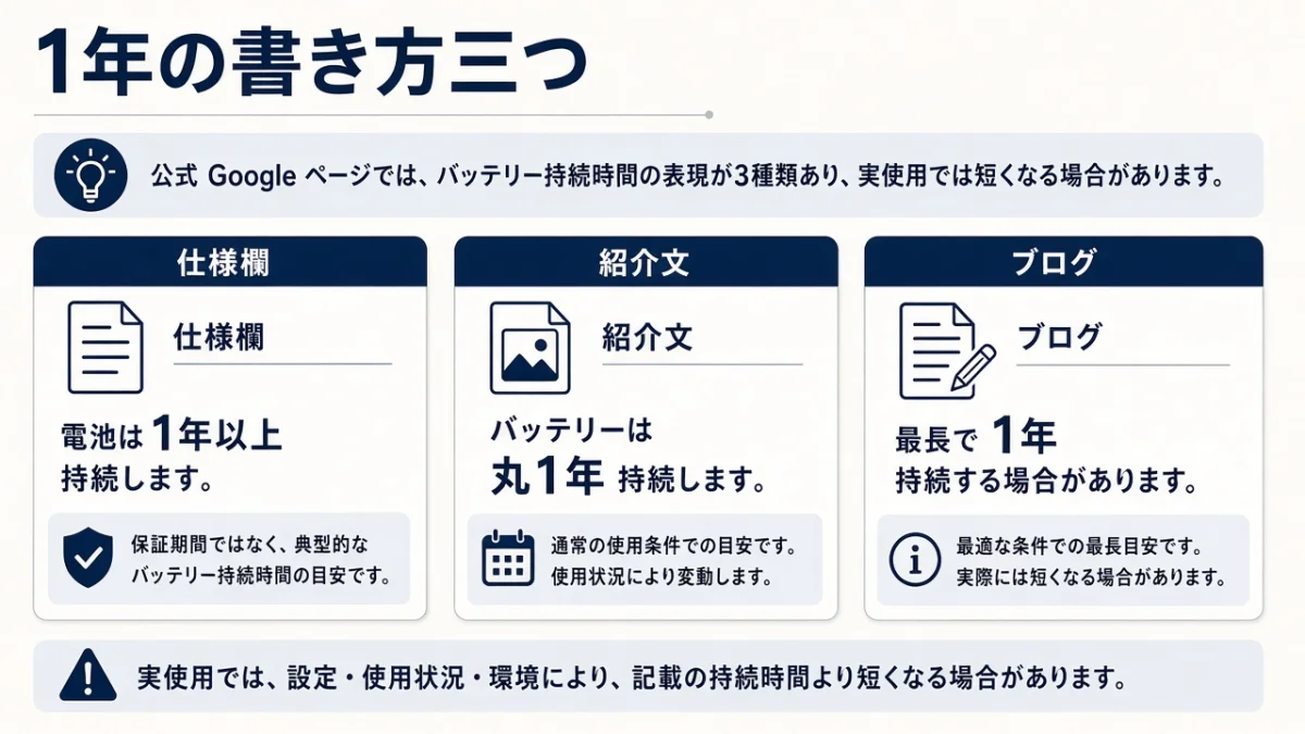 電池の持続期間はどれくらい?「1年」の書き方が公式内で3通りある